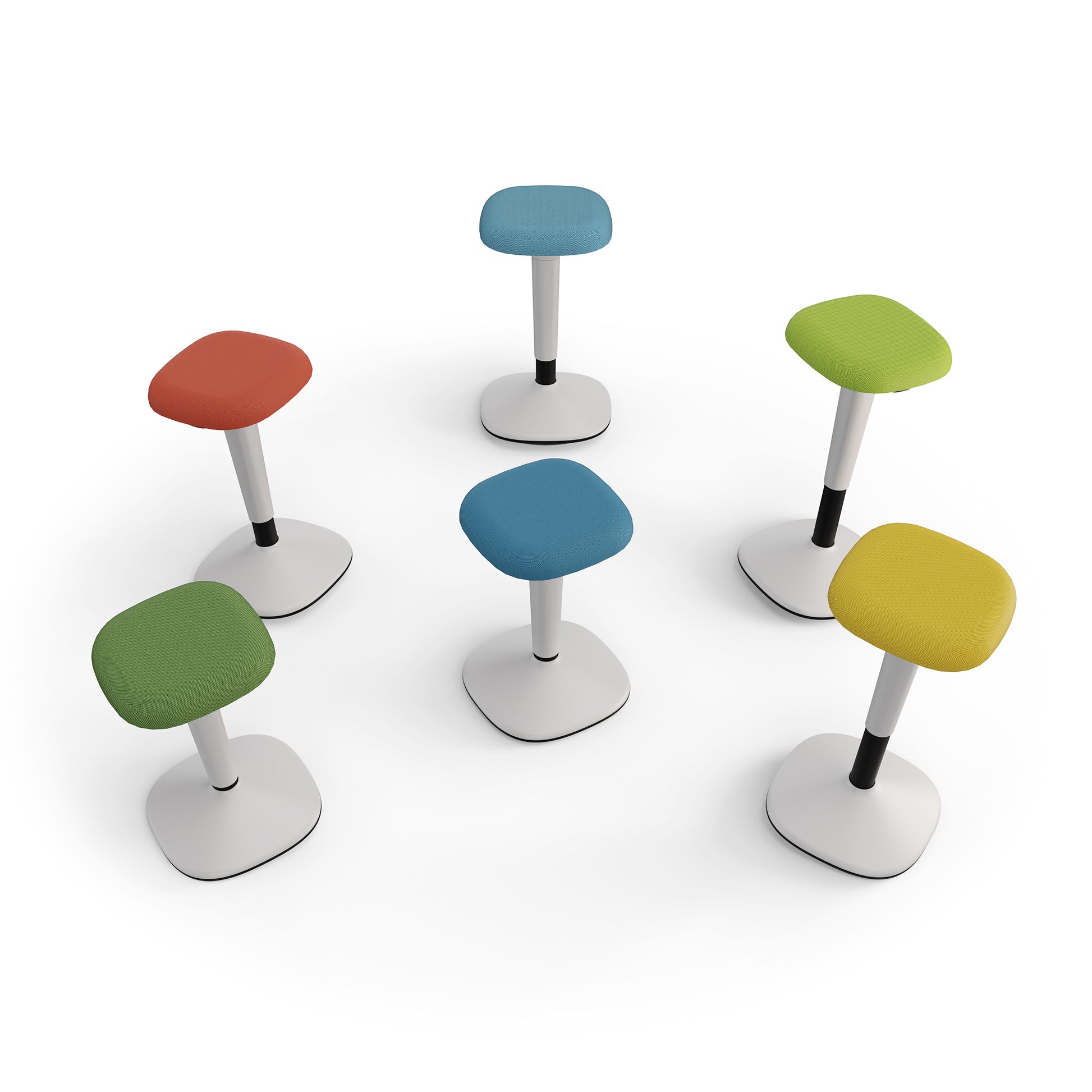 Green, red, blue, light blue, yellow and green Younit office sit stand stools.
