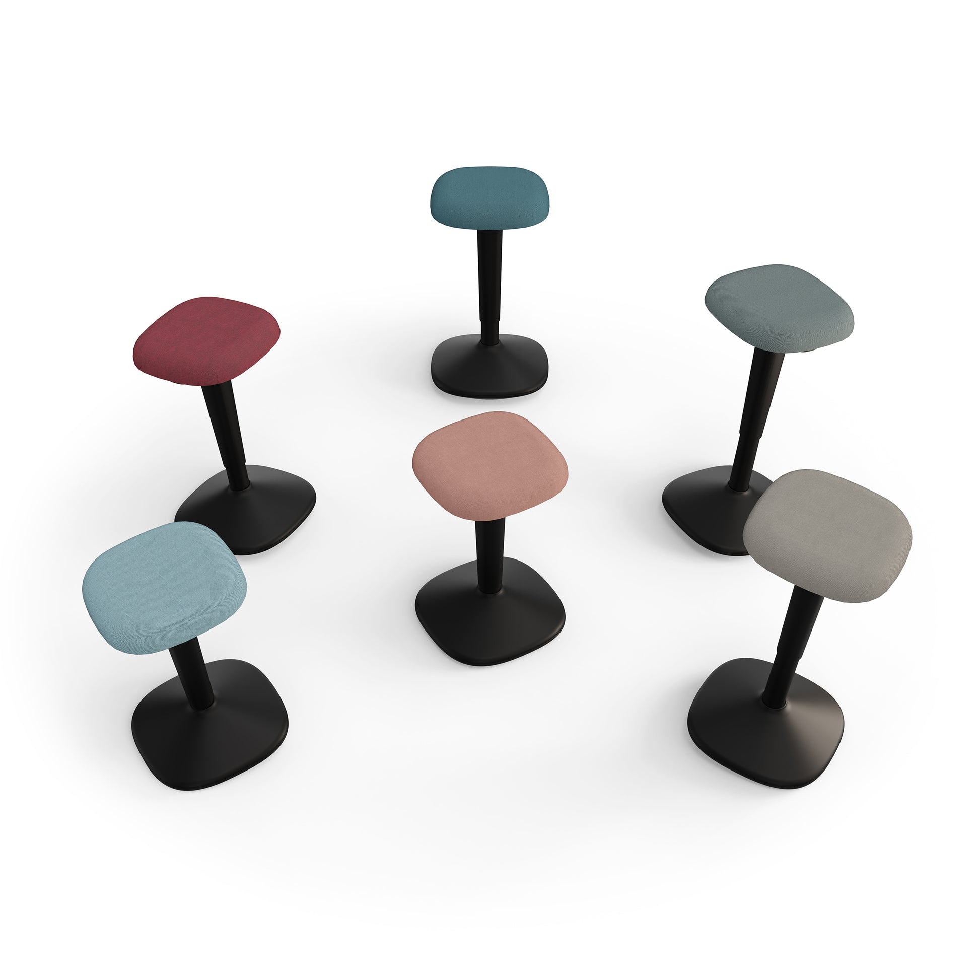 Purple, pink, grey, blue, dark blue and charcoal Younit office sit stand stools.