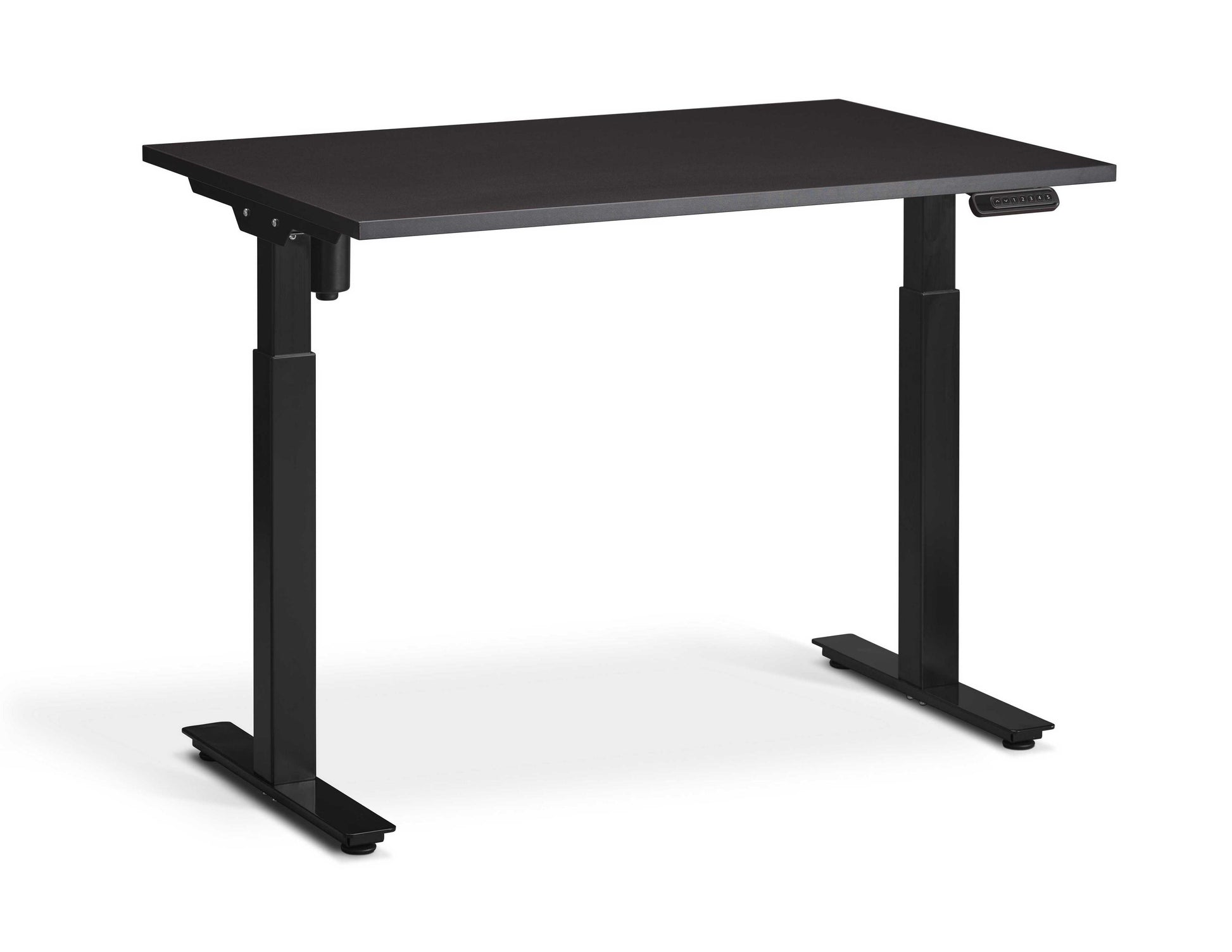 Single motor height adjustable desk with black top.