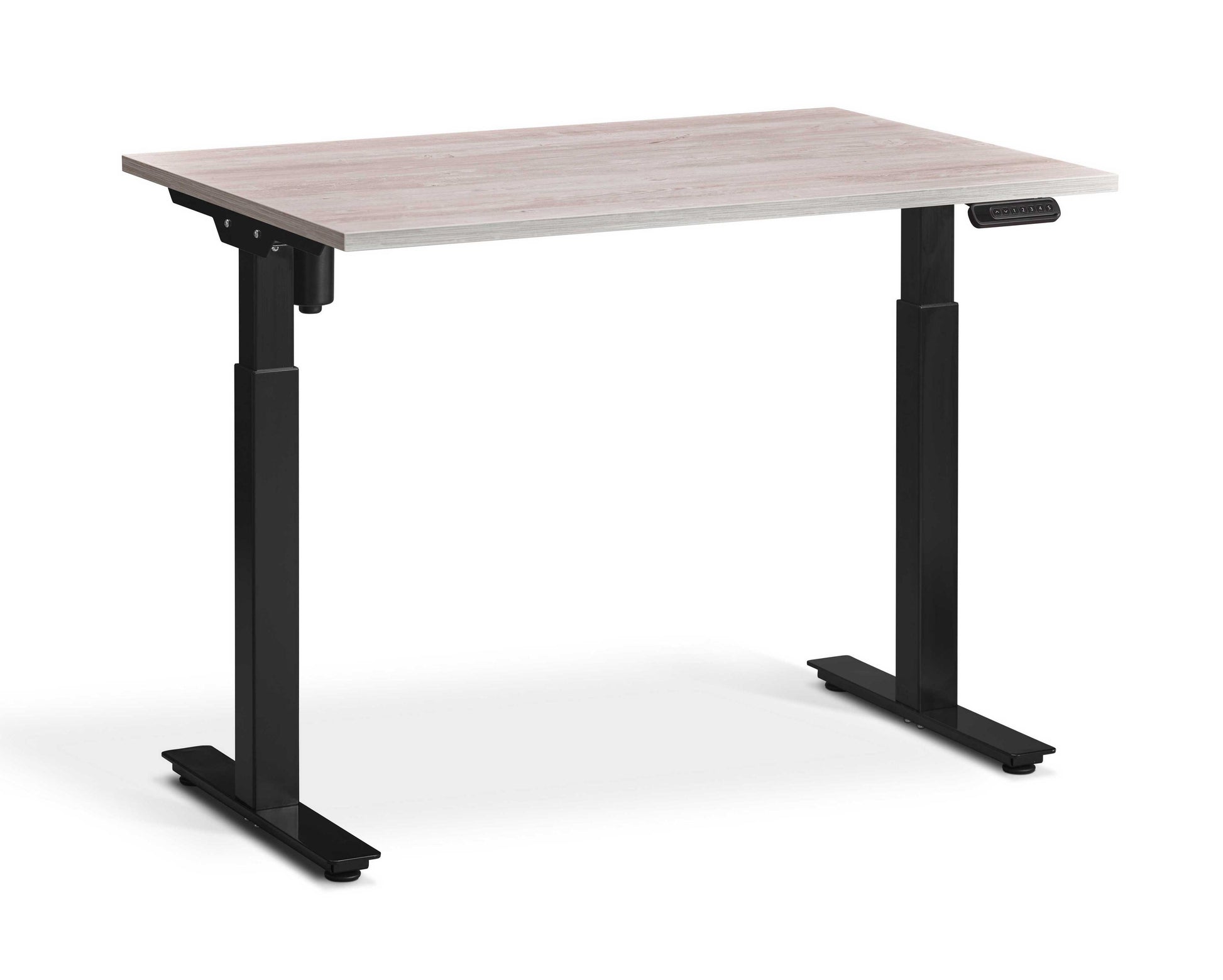 Single motor height adjustable desk with pine top.