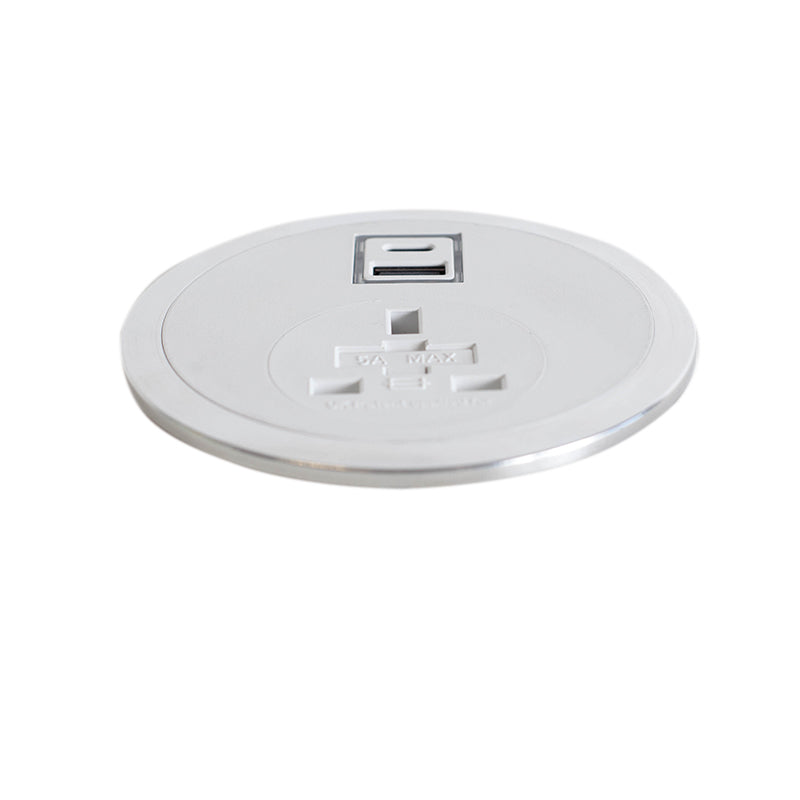 White Flon In-Desk Power Outlet with USB-A and USB-C Smart Charge