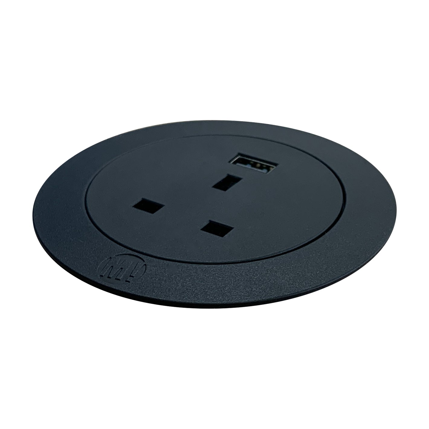 Saxen In-Desk Porthole Power Socket with single USB Smart-Charge in black