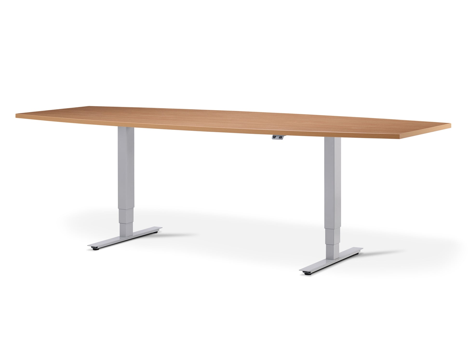 Sit stand meeting table with dark oak top.