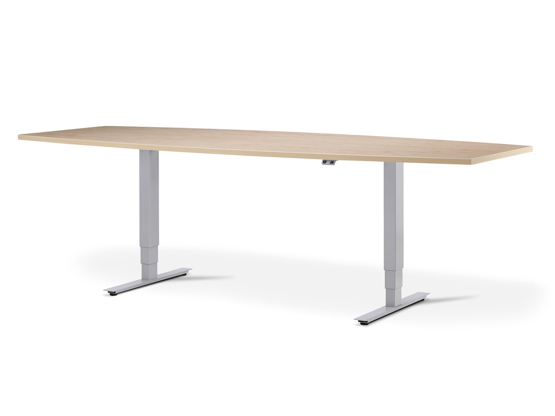 Sit stand meeting table with oak worktop and grey frame.