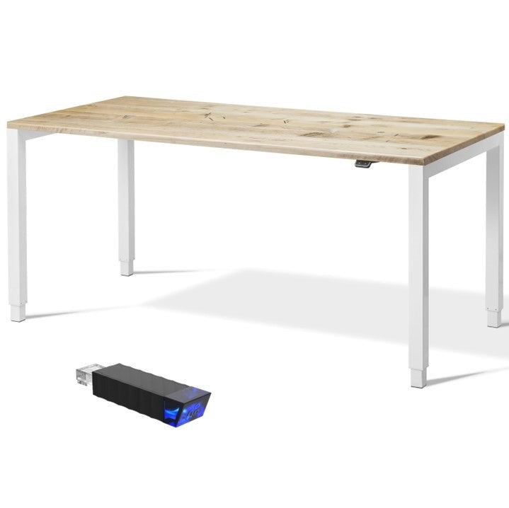 Dual motor standing desk with white frame.