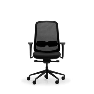 Falun ergonomic mesh task chair in black, front view showing twin lumbar pads