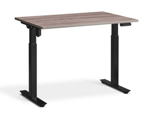 Front view of single motor height adjustable desk with oak top.