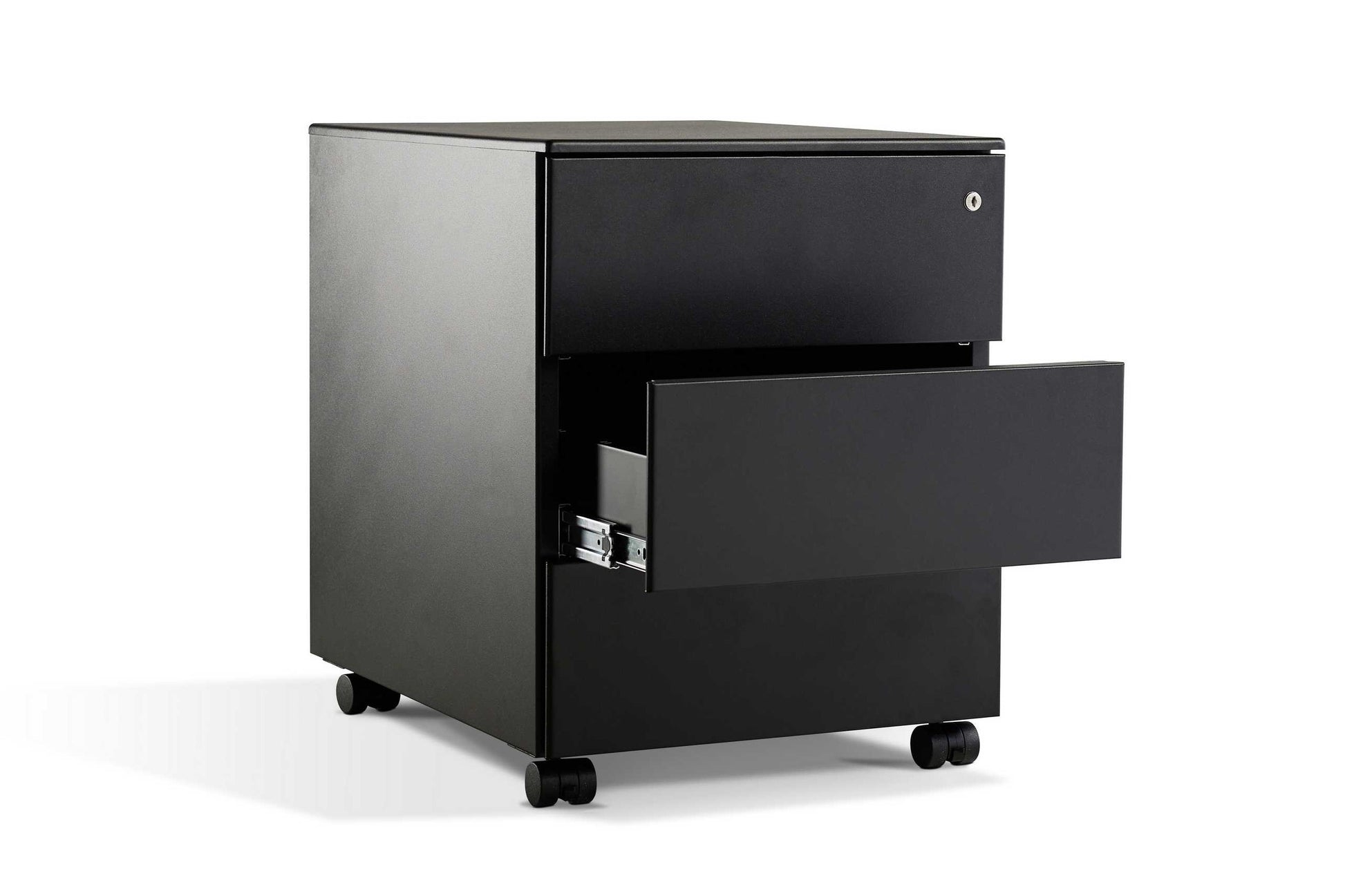 Side view of Jorn: Metal Under Desk Storage Pedestal in black with drawer open