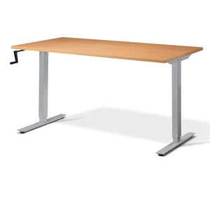 Two-legged desk with manual hand crank for adjusting height.