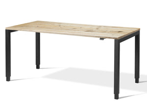 Dual motor standing desk with black frame.