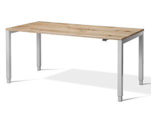 Silver frame standing desk with bluetooth control.