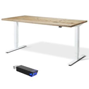 Standing desk with real wood laminate top and white frame.