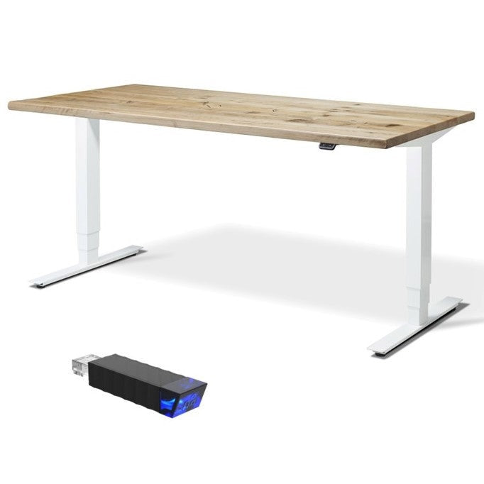 Standing desk with real wood laminate top and white frame.