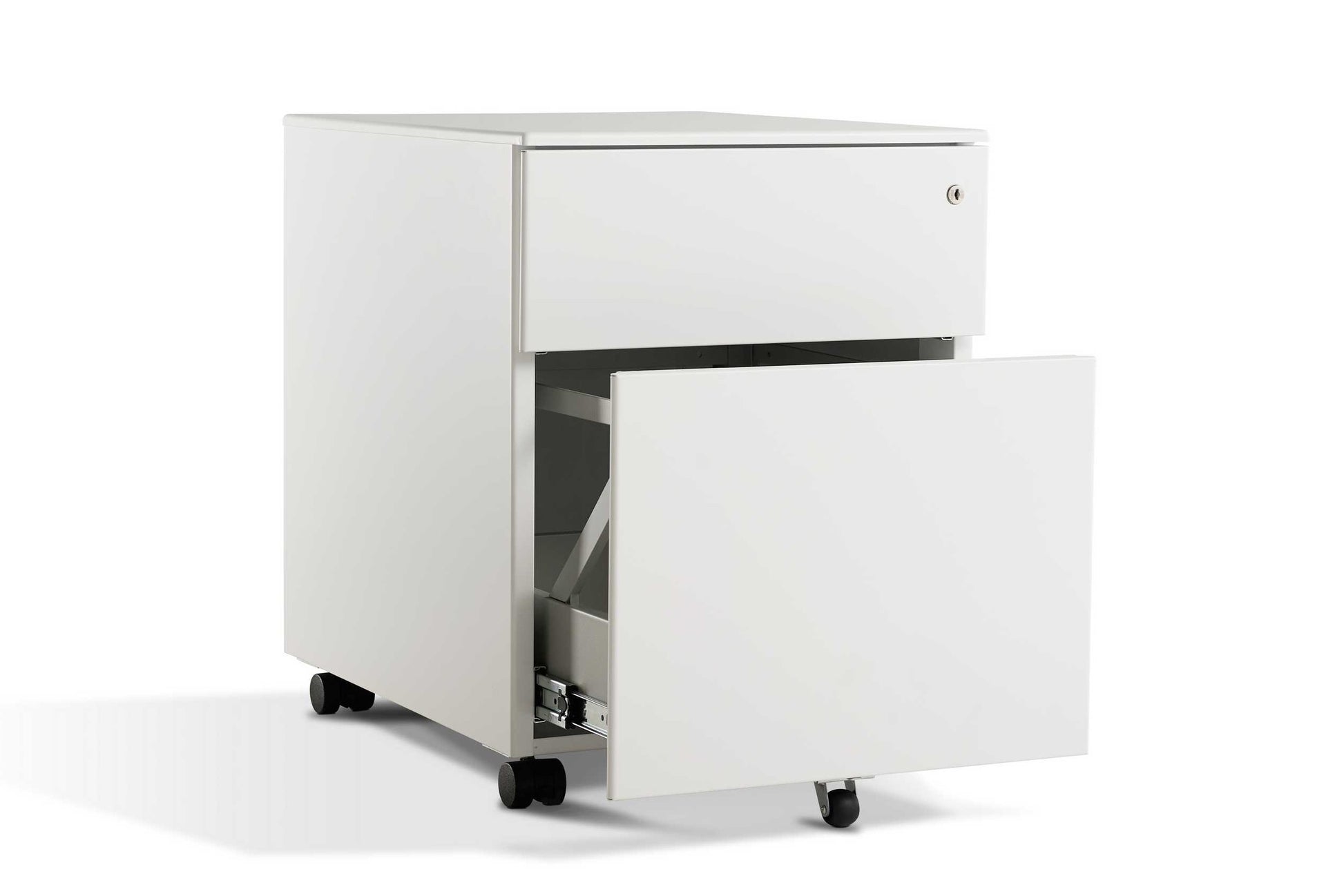 Jorn: Metal Under Desk Storage Pedestal in white with drawer open