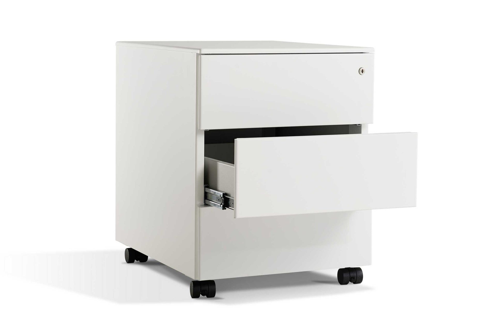 Side angle view of Jorn: Metal Under Desk Storage Pedestal in white with drawer open
