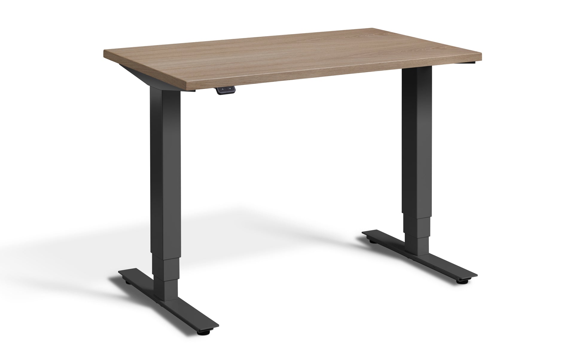 Ultimate Luxury Micro Endurance small wooden standing desk with black frame and oak top.