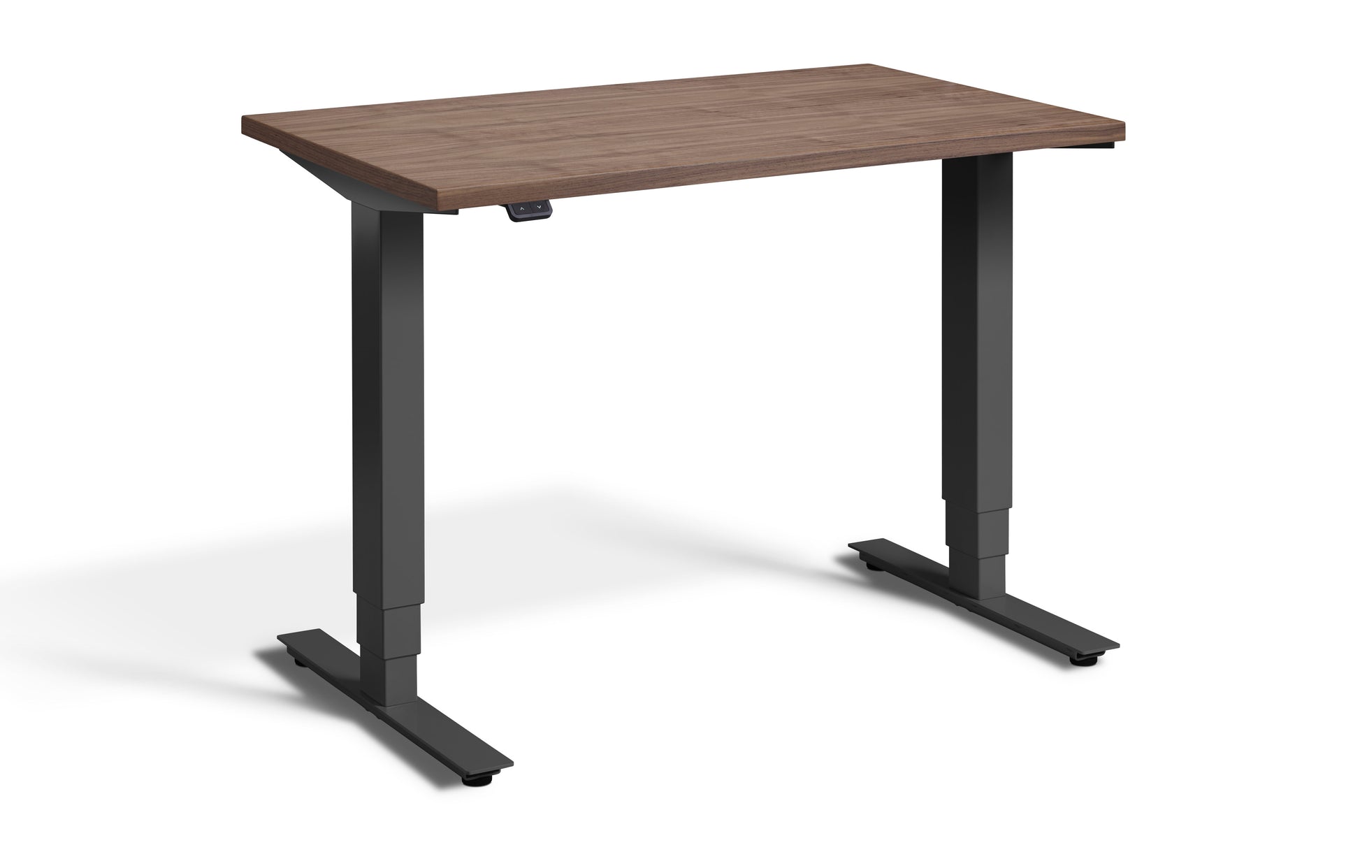 Ultimate Luxury Micro Endurance small wooden standing desk with walnut desktop and black frame.